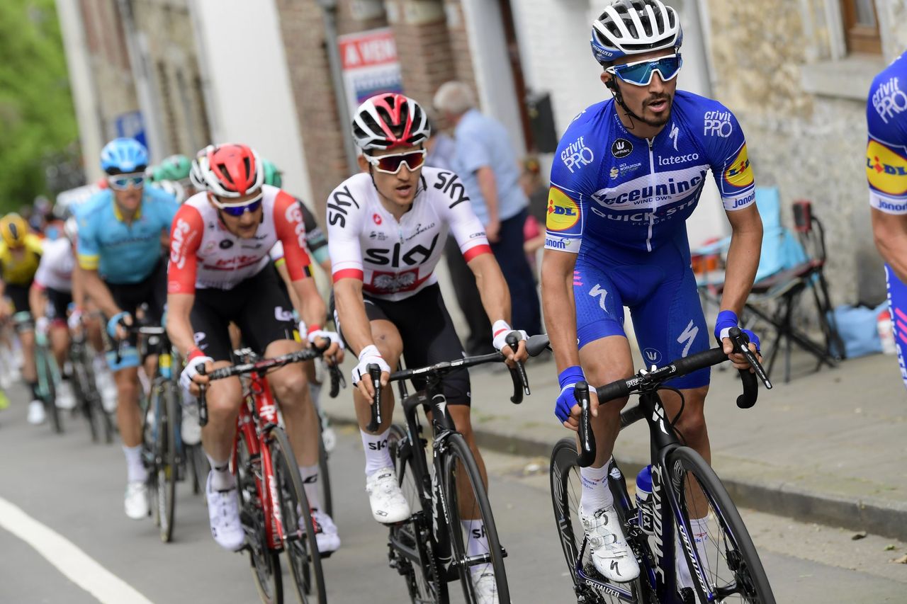 Julian Alaphilippe (Deceuninck-QuickStep) leads Michal Kwiatkowski at Fleche Wallonne.