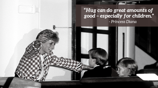 Princess Diana going in for a hug with her kids Prince William and Prince Harry