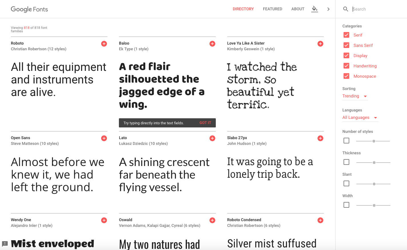 A screenshot from Google Fonts, one of the best places to download free fonts