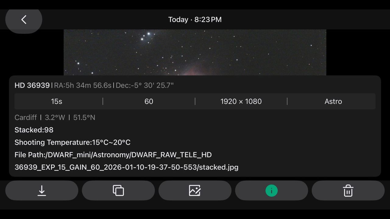 screenshot from the DWARFLAB Dwarf Mini app