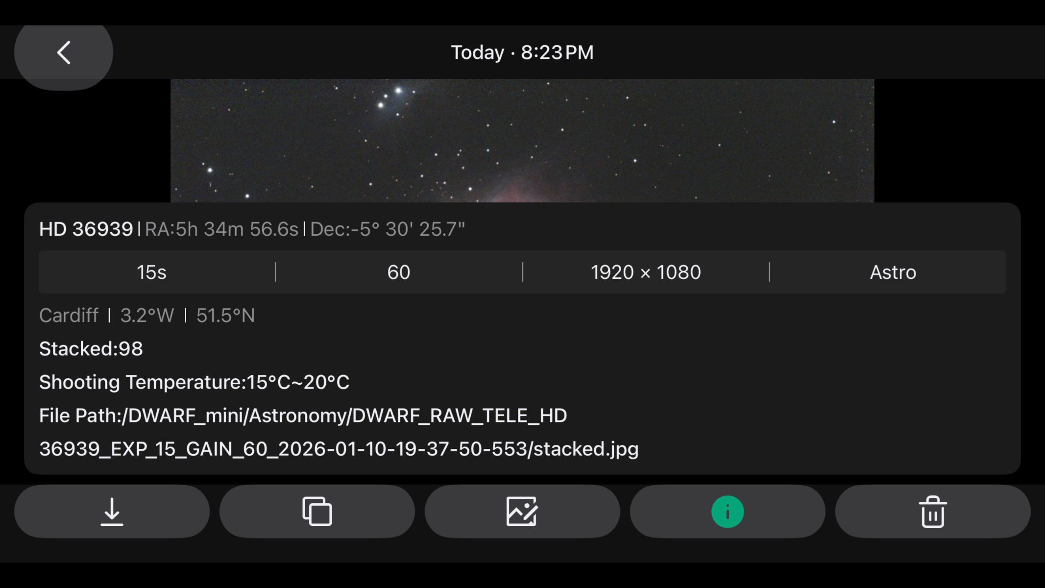 screenshot from the DWARFLAB Dwarf Mini app