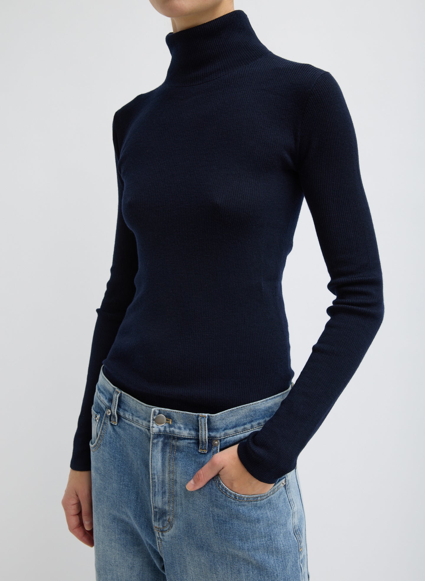Featherweight Ribbed Sweater Turtleneck Pullover - Navy / Xxs / T000fw6194