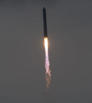 An Orbital ATK Antares rocket launches a Cygnus cargo ship carrying NASA cargo toward the International Space Station from NASA's Wallops Flight Facility on Wallops Island, Virginia on Nov. 12, 2017.