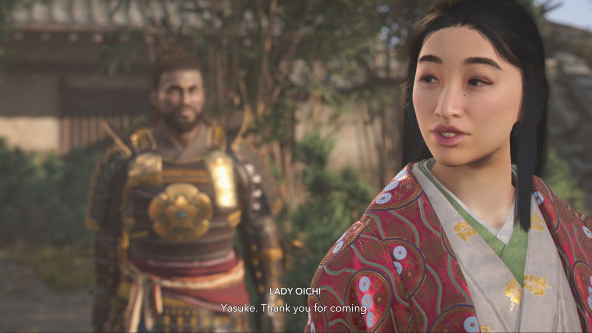 Assassin's Creed Shadows romance options - Oichi looking over her shoulder to talk to Yasuke in the background.