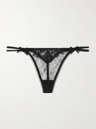 Violah Satin-Trimmed Embroidered Lace Thong