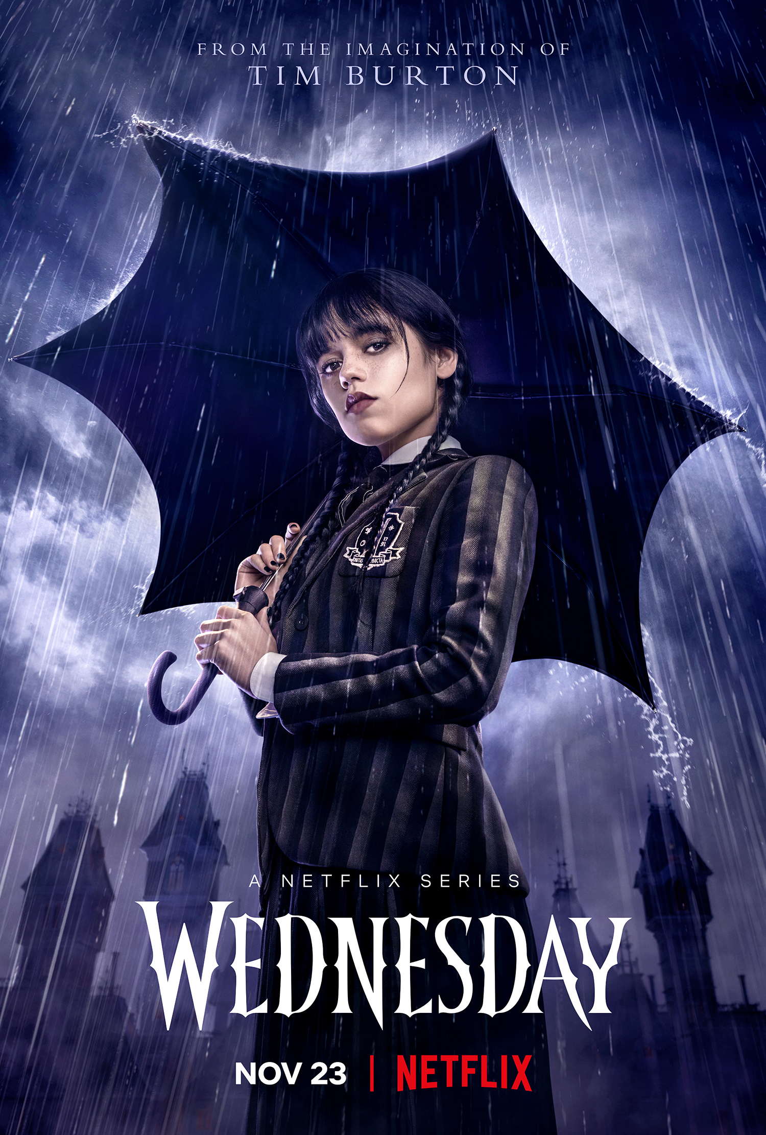 Jenna Ortega as Wednesday Addams, holding an umbrella in pouring rain, in key art for Netflix's Wednesday.
