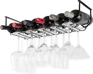 An undershelf wine bottle and glass rack