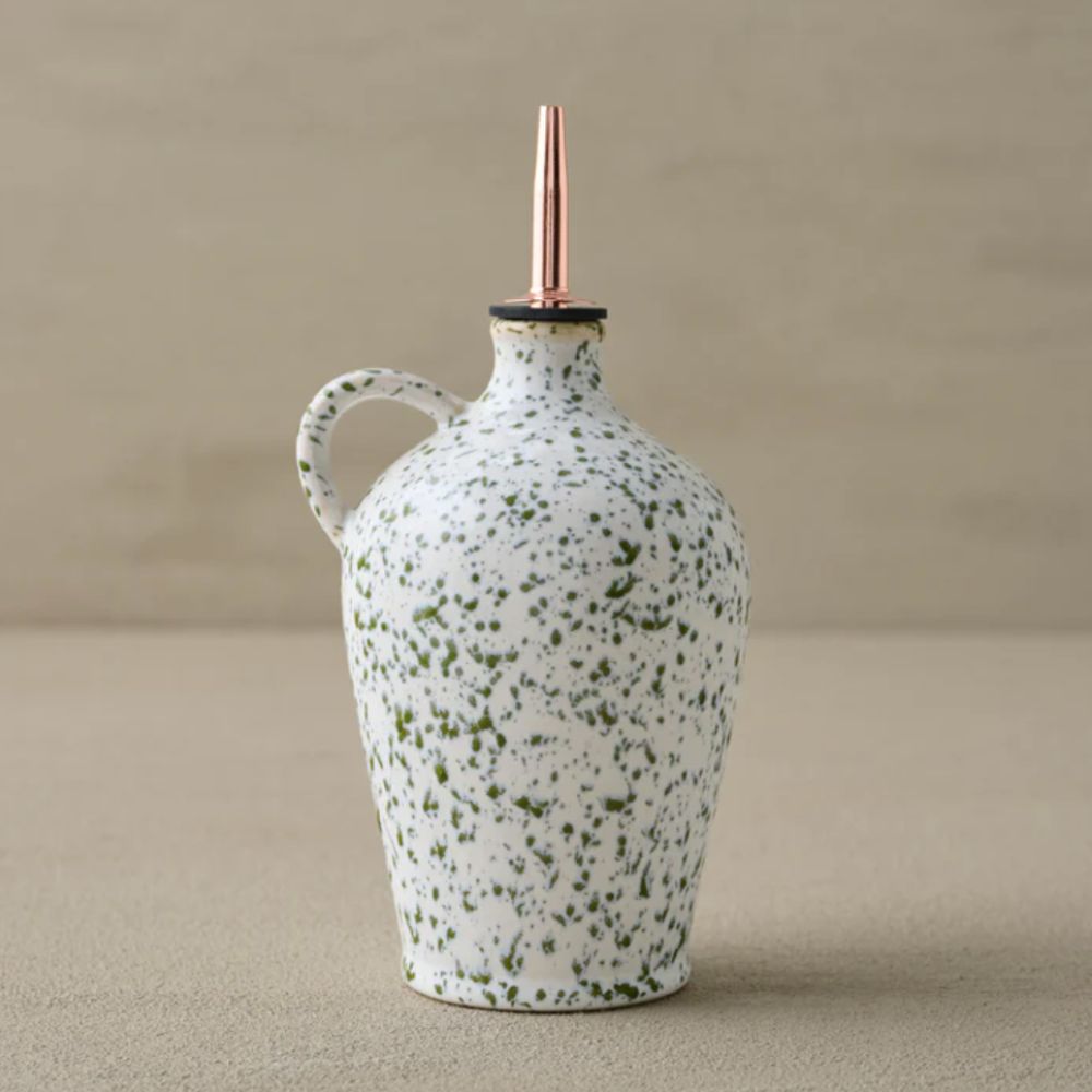 Splatter print oil bottle with copper spout