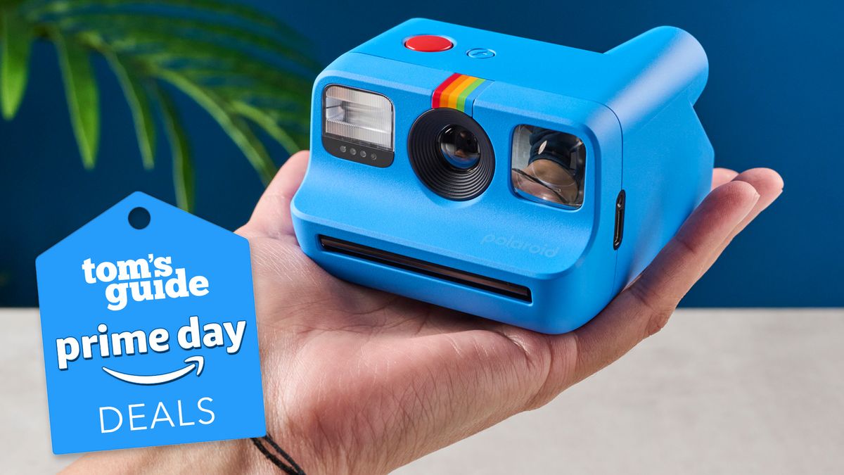 A blue Polaroid Go Gen 2 instant camera, with a Prime Day deals badge