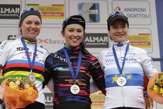 Chantal Blaak, Katarzyna Niewiadoma, and Marianne Vos on the podium