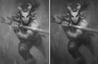 black and white image of horned man with sword in Corel Painter