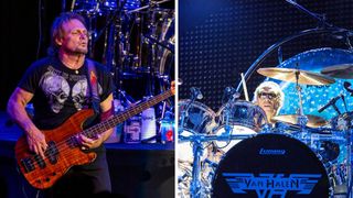 Left-Michael Anthony of Sammy Hagar and The Circle performs at The Fillmore on October 23, 2023 in Detroit, Michigan; Right-Drummer Alex Van Halen of Van Halen performs on stage at Sleep Train Amphitheatre on September 30, 2015 in Chula Vista, California