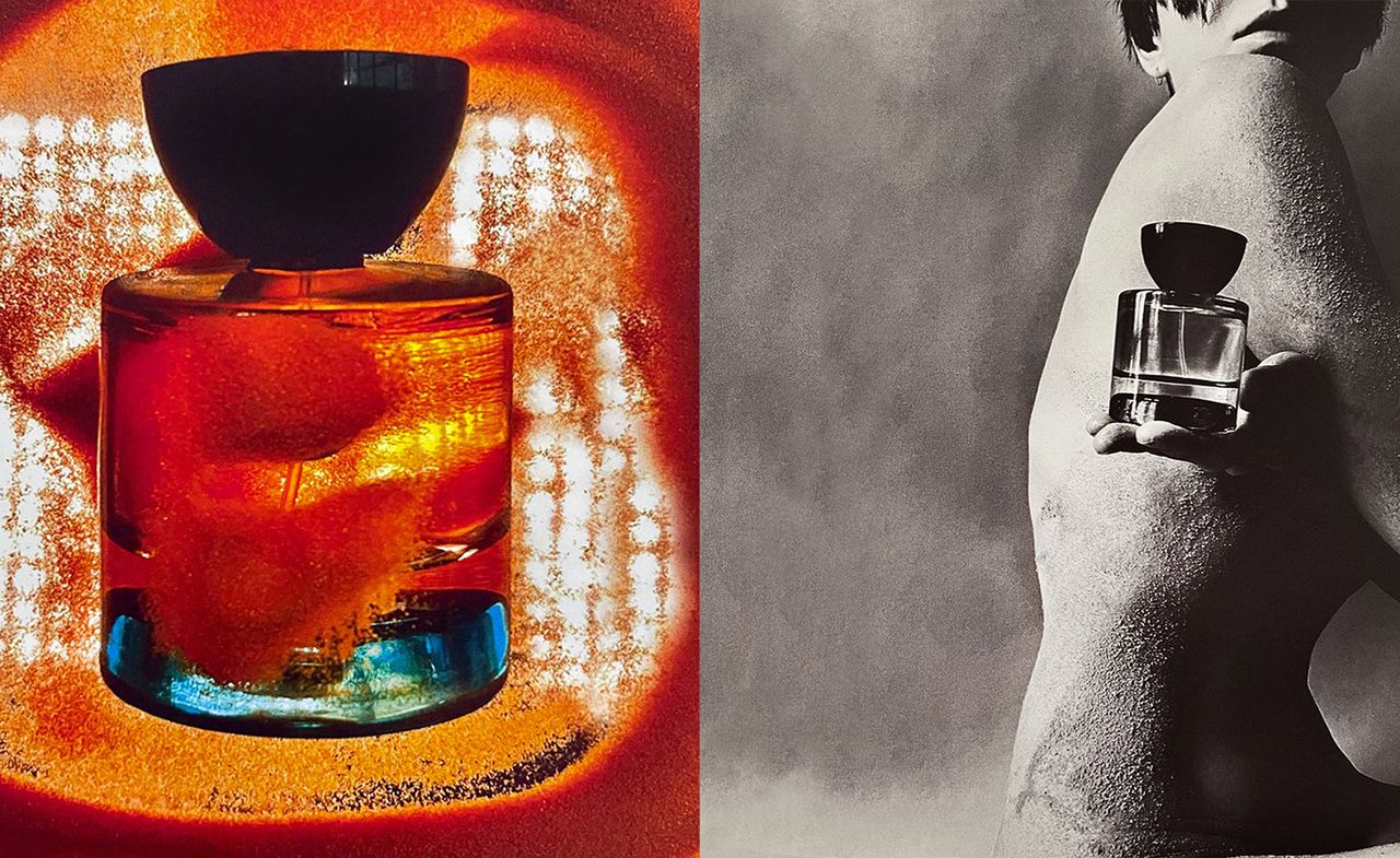 Photograph by Katie Burnett from Vyrao&#039;s Free 00 campaign showing orange perfume bottle next to black and white image of a woman holding the perfume bottle