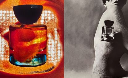 Photograph by Katie Burnett from Vyrao's Free 00 campaign showing orange perfume bottle next to black and white image of a woman holding the perfume bottle
