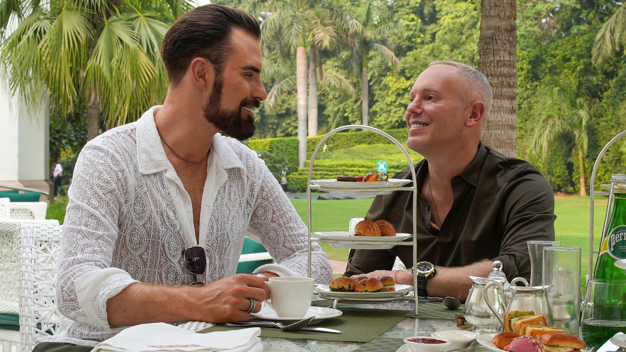 Rob Rinder and Rylan Clark having afternoon tea at the Imperial Hotel.