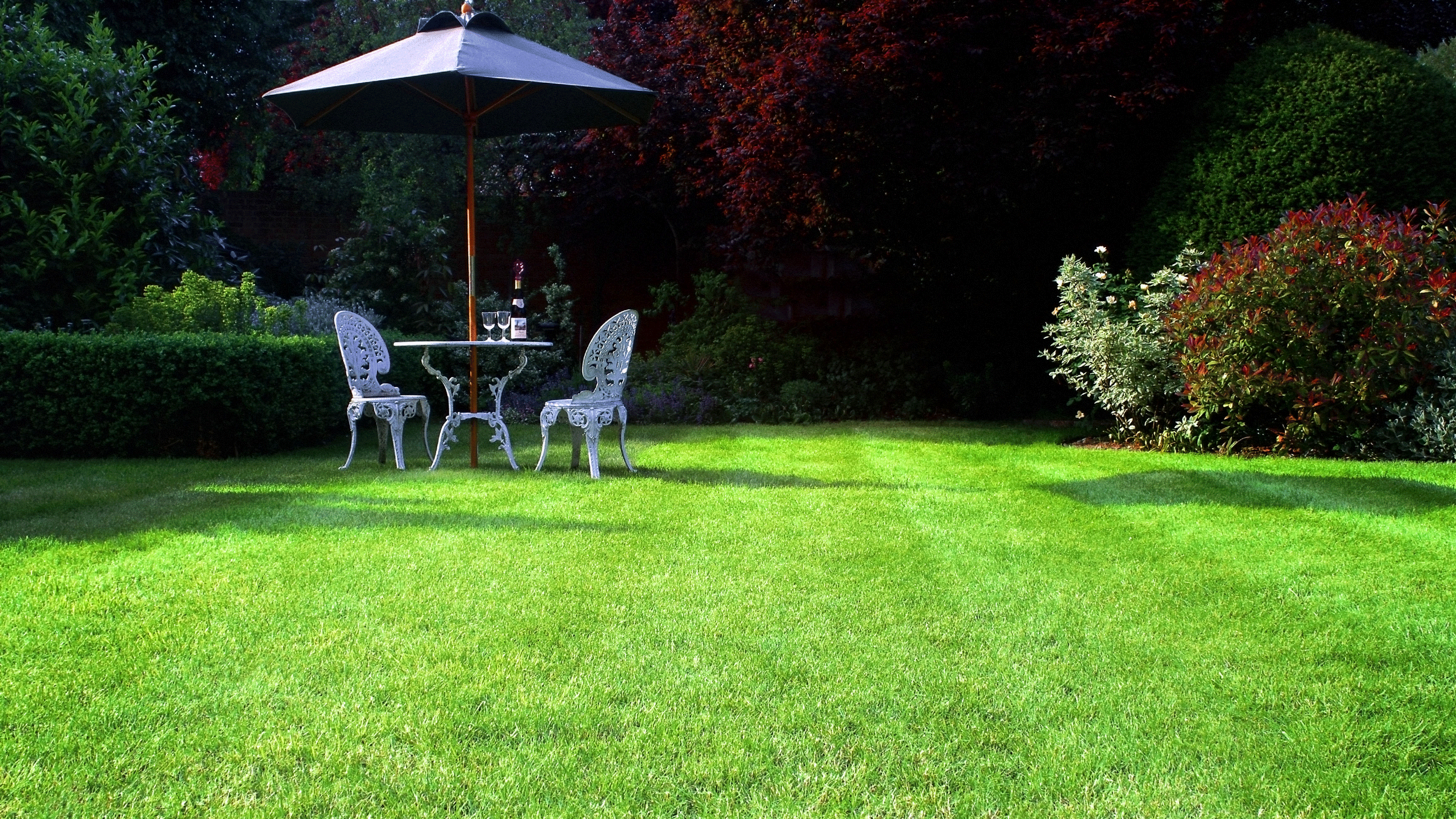 immaculate lawn with outdoor table and chairs and paraol