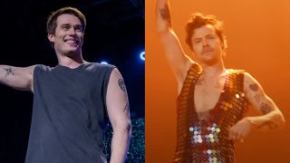 Nicholas Galitzine on stage in The idea of You and Harry Styles on stage at Coachella 2022