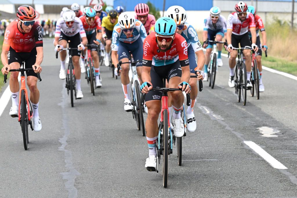 MAESTU PARQUE NATURAL DE IZKI SPAIN SEPTEMBER 05 Thomas De Gendt of Belgium and Team Lotto Dstny attacks during the La Vuelta 79th Tour of Spain 2024 Stage 18 a 1798km stage from VitoriaGasteiz to Maestu Parque Natural de Izki UCIWT on September 05 2024 in Maestu Parque Natural de Izki Spain Photo by Tim de WaeleGetty Images