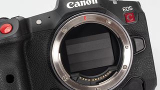 Close up of the shutter curtain on a Canon EOS R5 C hybrid video camera