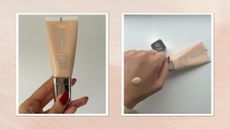 Collage of hand holding the Merit The Uniform Tinted SPF and swatch of the Merit The Uniform Tinted SPF on the back of a hand with red nails, on a pale pink background
