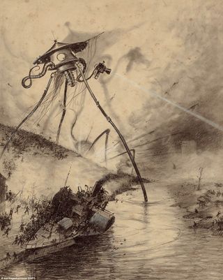 An illustration from 1906, "Martian Fighting Machine in the Thames Valley," depicts events from H.G. Wells' "The War of the Worlds"