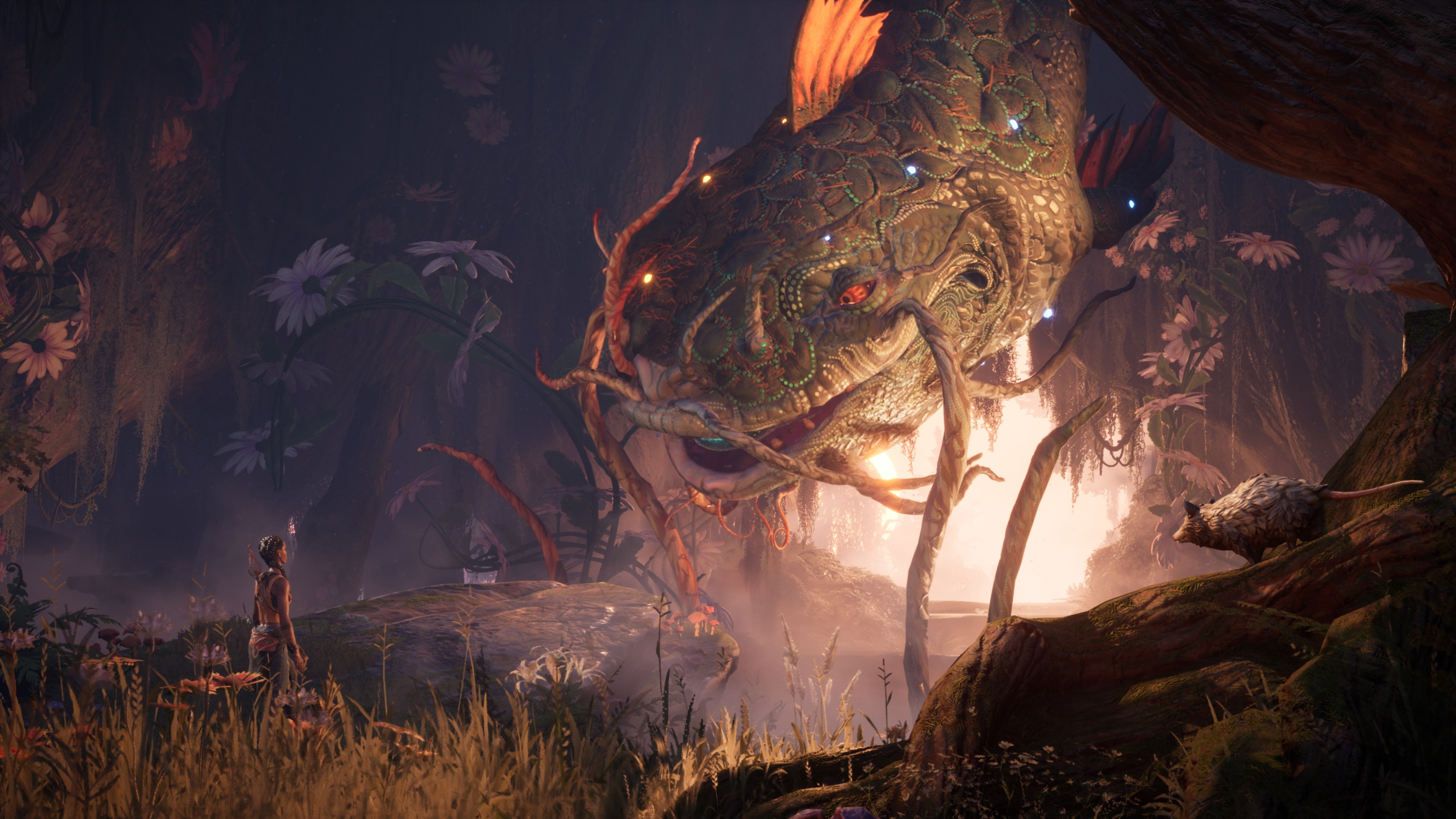 A screenshot of Hazel staring at a massive monster in South of Midnight