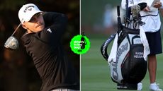 Rasmus Hojgaard hits a driver and a close up of a golf bag