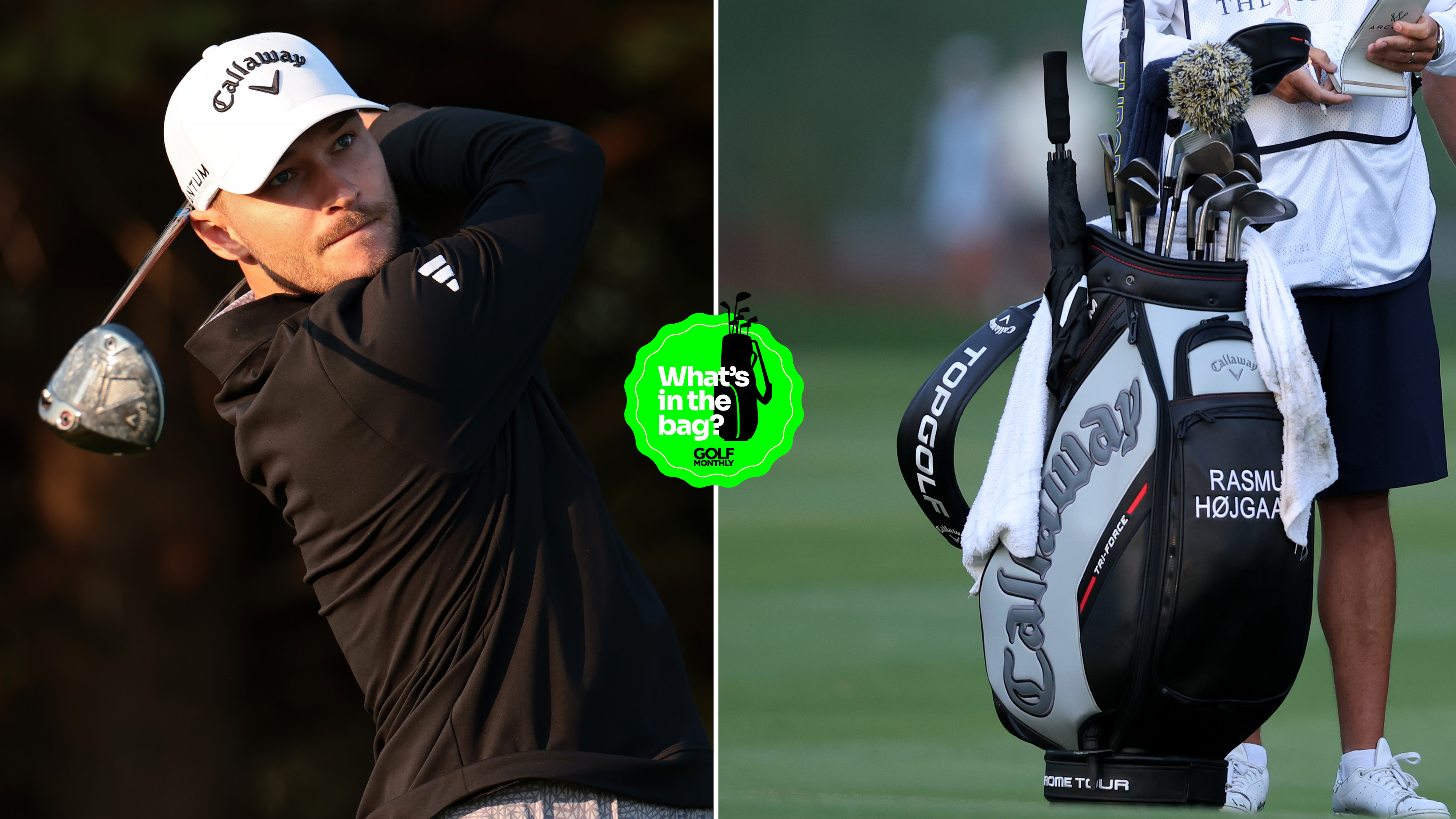 Rasmus Hojgaard hits a driver and a close up of a golf bag