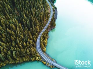 Stunning aerial view of road, forest and sea