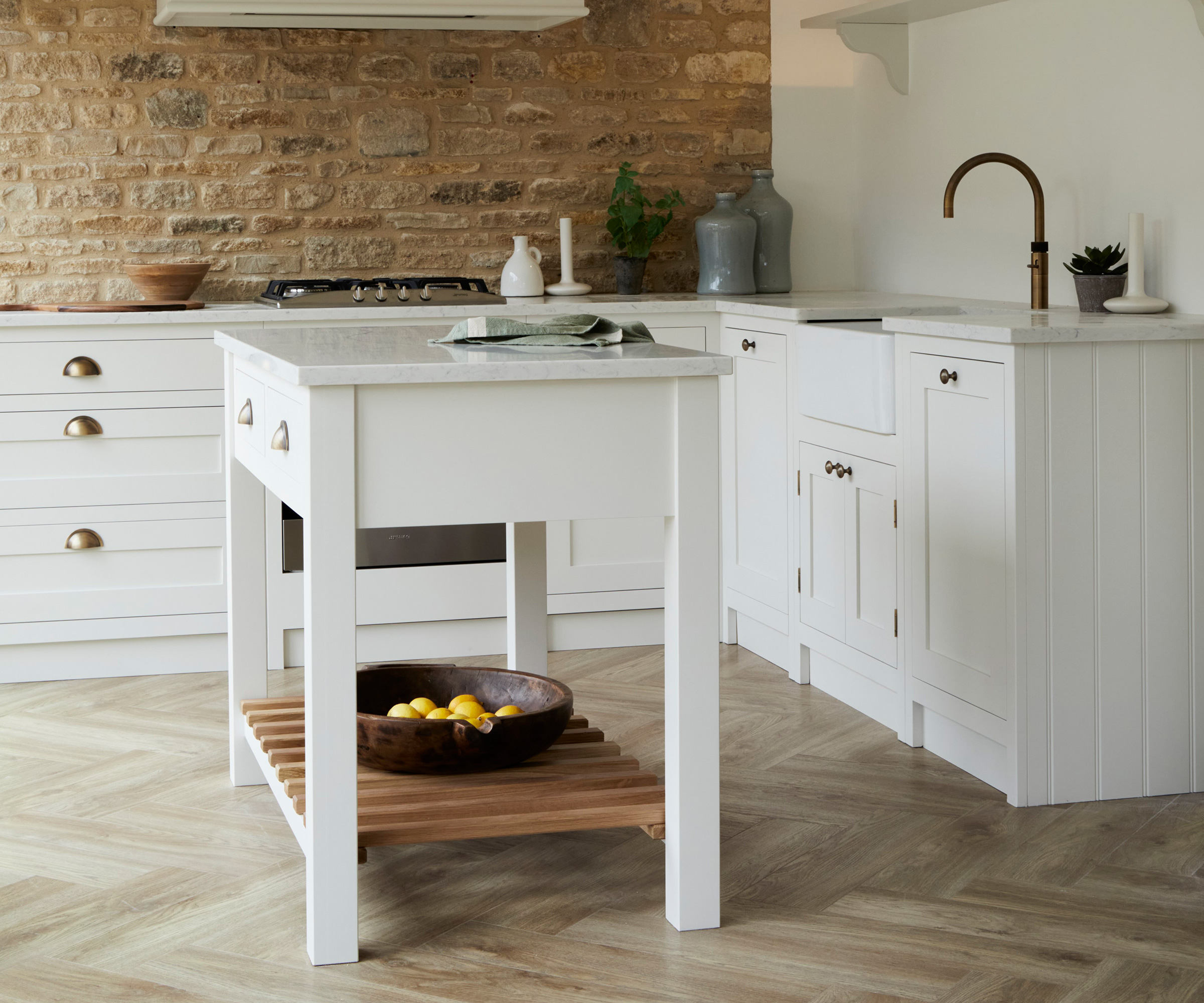 white kitchen with butchers block