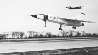 An archival photo of the Avro Arrow during flight testing.