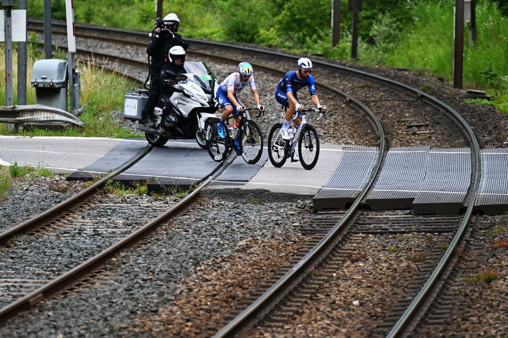 SAINT VULBAS FRANCE JULY 03 LR Matteo Vercher of France and Team TotalEnergies and Clement Russo of France and Team Groupama FDJ compete in the breakaway during the 111th Tour de France 2024 Stage 5 a 1774km stage from SaintJeandeMaurienne to Saint Vulbas UCIWT on July 03 2024 in Saint Vulbas France Photo by Tim de WaeleGetty Images