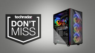 Skytech Chronos gaming PC on grey background with don't miss text overlay