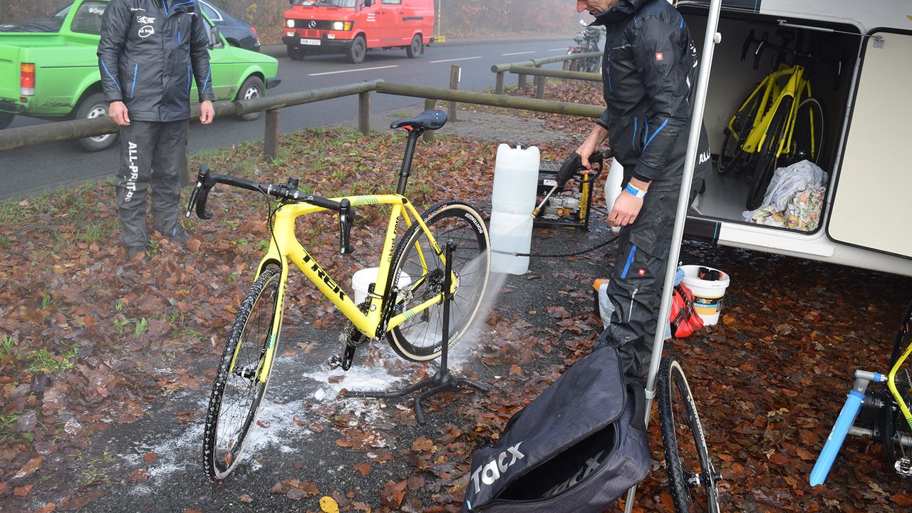One of Toon Aerts' bikes gets jet washed ahead of the Men's Elite race
