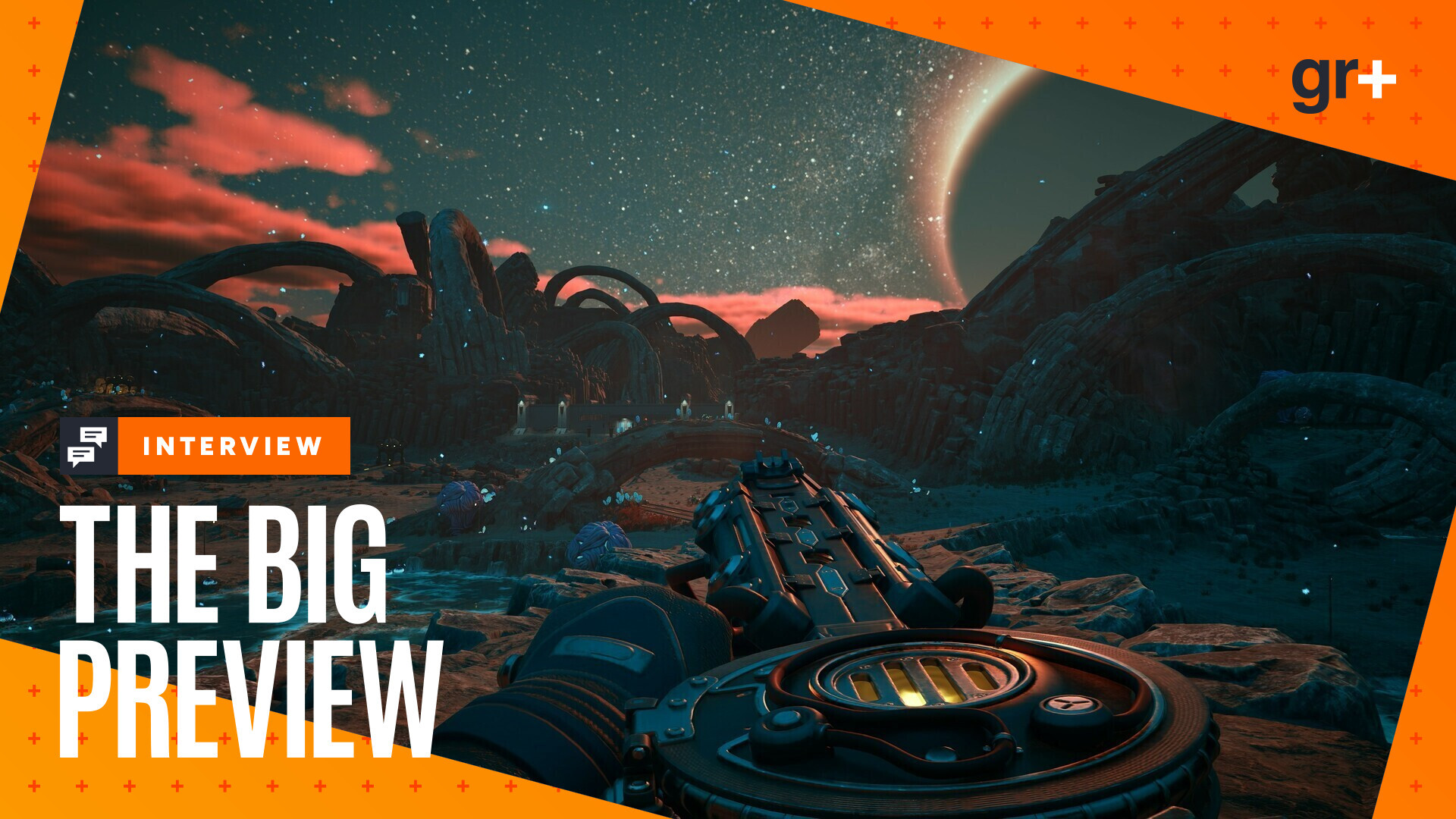 The Outer Worlds 2 screenshot showing someone holding a two-handed weapon beneath a starry sky
