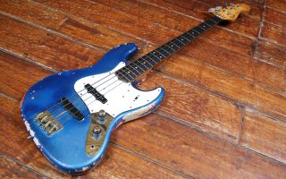 Photo of Fender jazz bass guitar belonging to session musician Herbie Flowers (ex Sky and Blue Mink) used during the recording sessions for Lou Reed's song 'Walk On The Wild Side'.