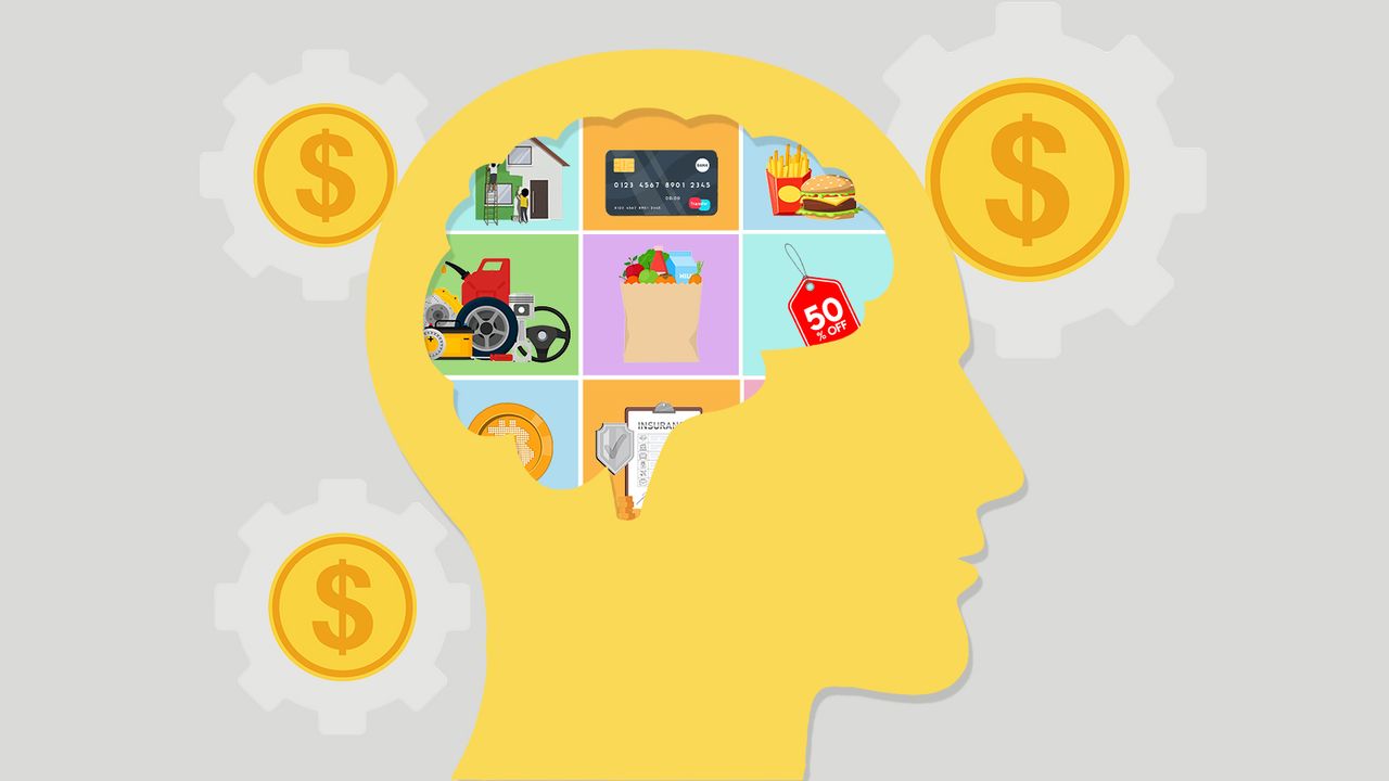 Illustration of a person&amp;#039;s head filled with financial images and dollar signs