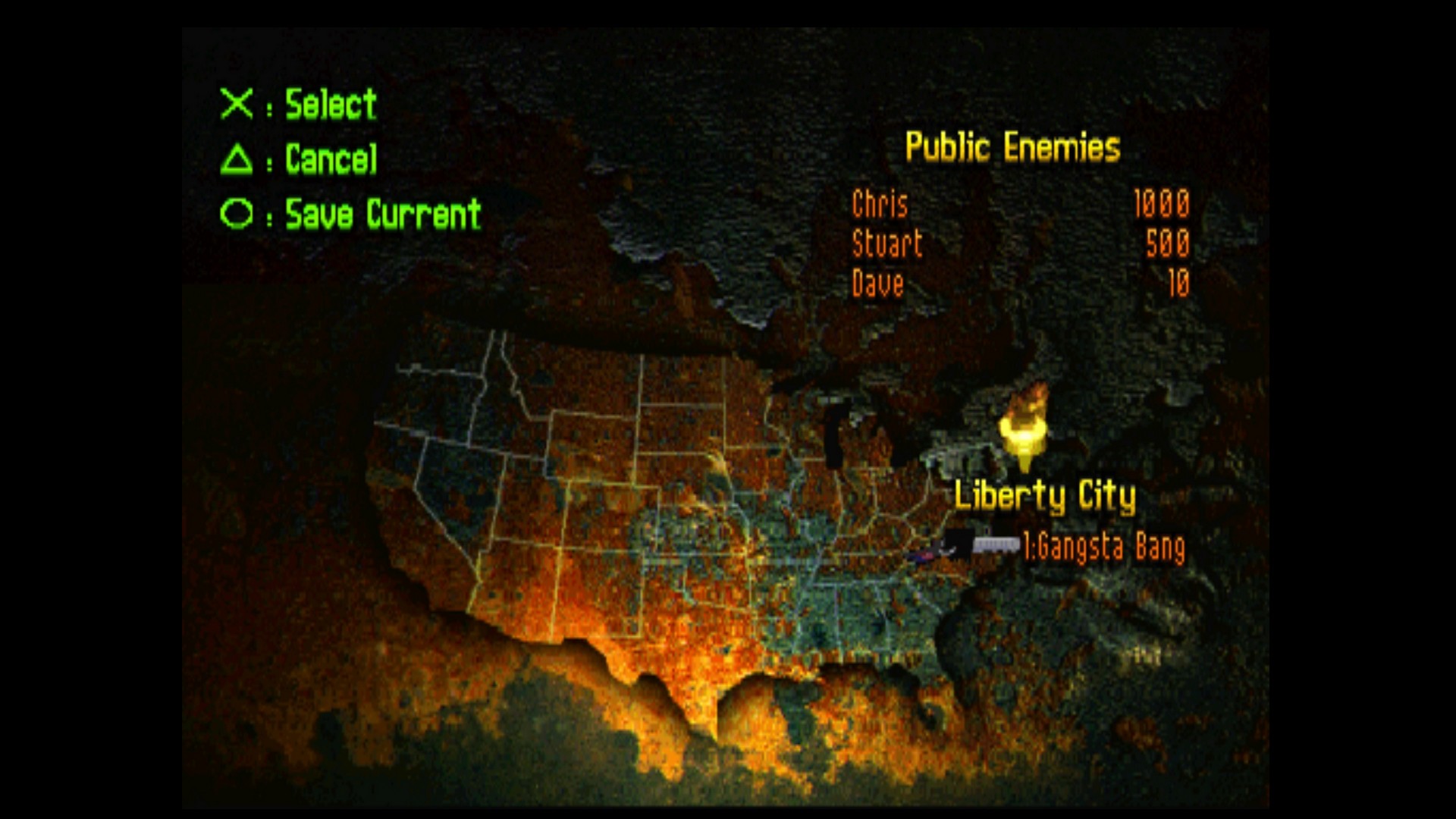 The map selection screen in GTA on PS1, hovering over the Liberty City 'Gangsta Bang' chapter
