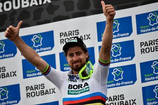 Peter Sagan (Bora-Hansgrohe) celebrates winning 2018 Paris-Roubaix