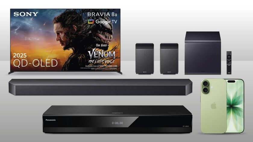A Sony TV, Samsung soundbar package, Panasonic Blu-ray player and an iPhone on a white background