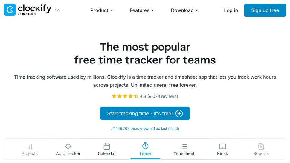 Clockify website screenshot (August 2025).