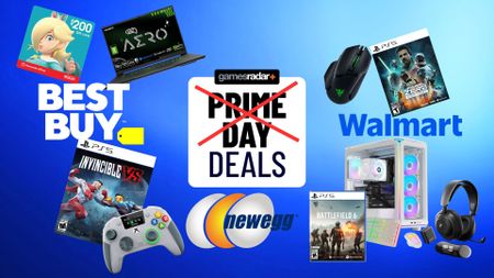 Various gaming deal products next to competing retailer names in opposition to Prime Day