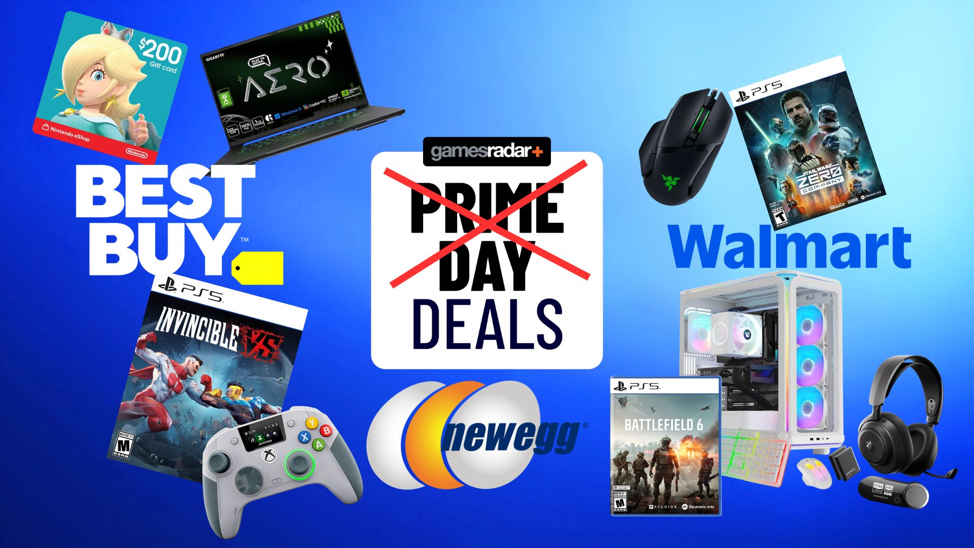 Various gaming deal products next to competing retailer names in opposition to Prime Day