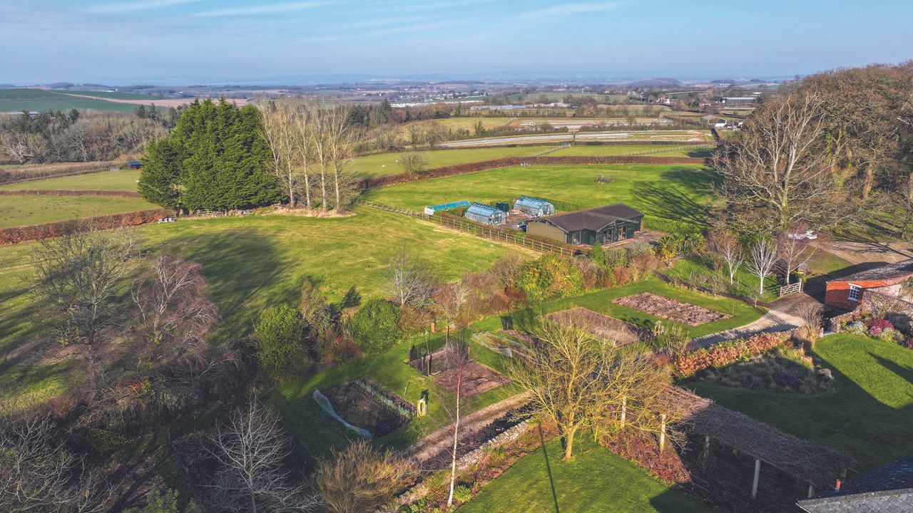 View of the gardens of Park House, Over Stowey, Bridgwater, Somerset.