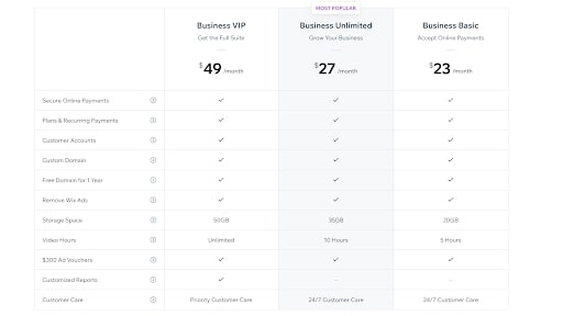 Wix's business pricing plans for ecommerce sites