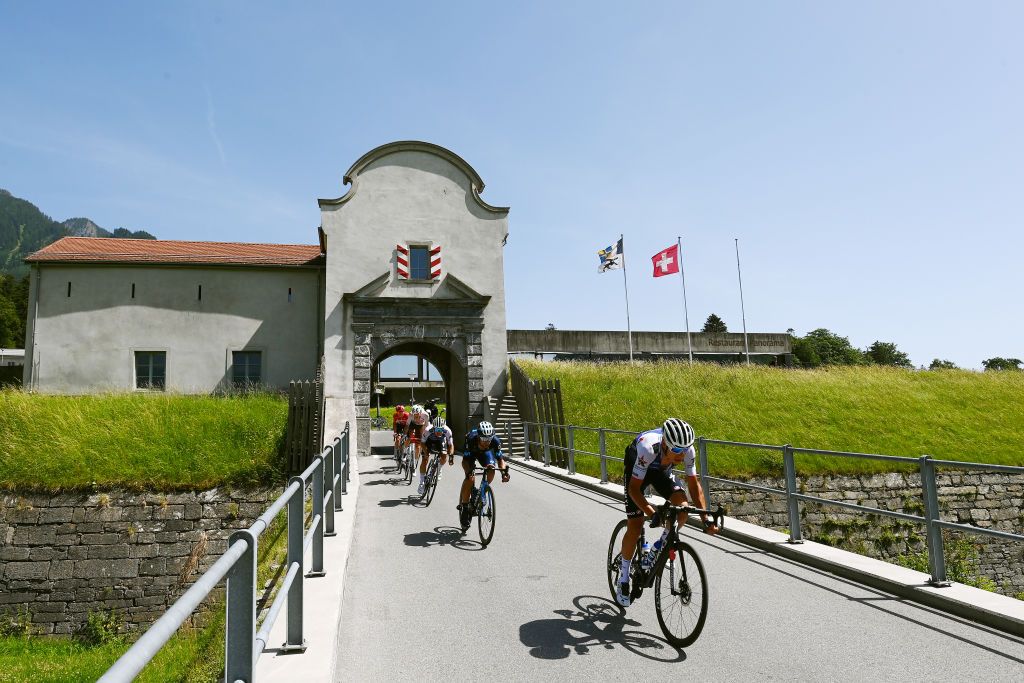 MALBUM SWITZERLAND JUNE 18 Fausto Masnada of Italy and Team QuickStep Alpha Vinyl passing through StLuzisteig 712m during the 85th Tour de Suisse 2022 Stage 7 a 1946km stage from Ambri to Malbun 1560m tourdesuisse2022 WorldTour on June 18 2022 in Malbun Switzerland Photo by Tim de WaeleGetty Images
