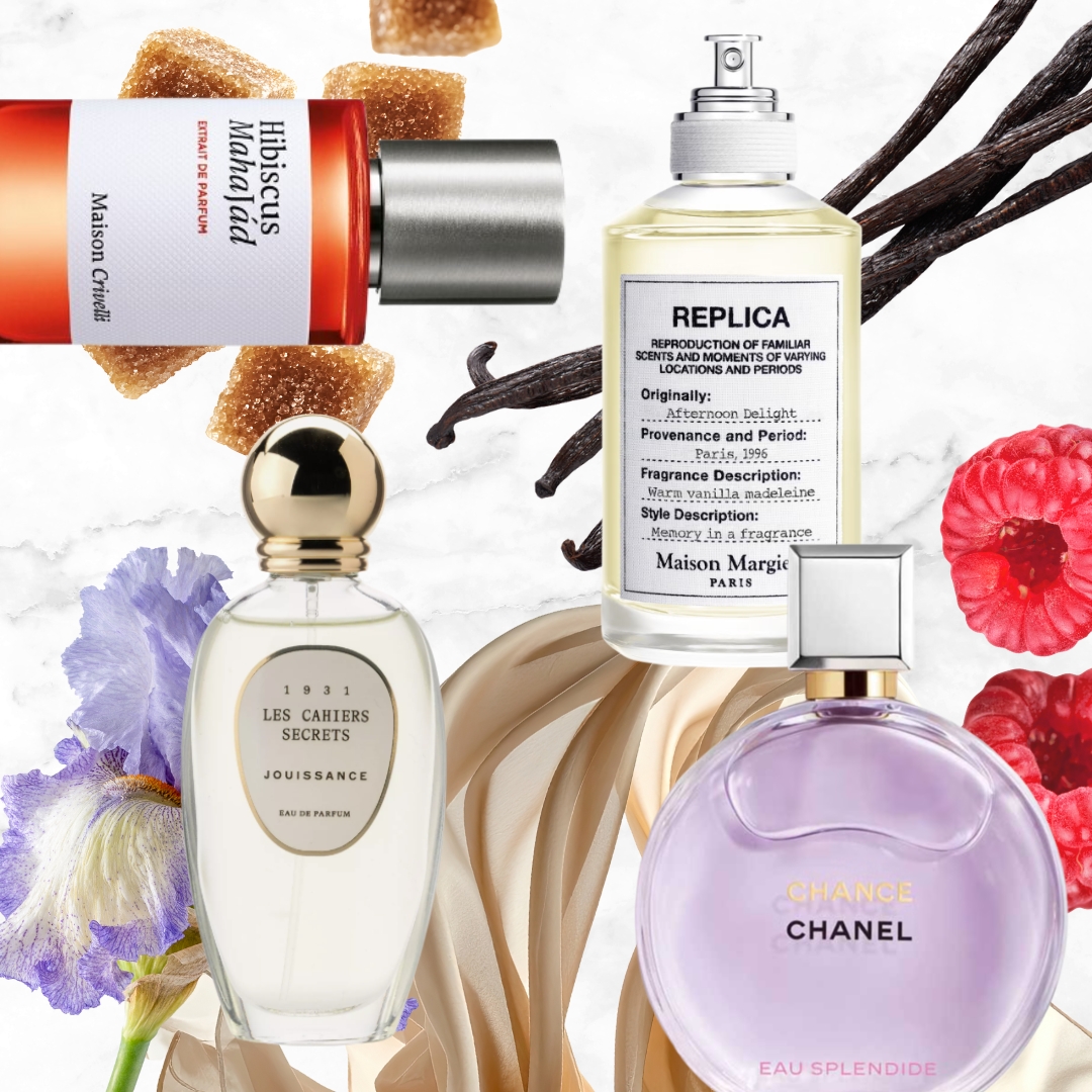A collage of perfumes included or containing notes in the 2026 perfume trends roundup, including product images of Maison Crivelli's Hibiscus Mahajad Extrait de Parfum, Jouissance's Les Cahiers Secrets Eau de Parfum, Maison Margiela's Afternoon Delight and the Chanel Chance Eau Splendide perfumes/ on a white and grey marbled background with stocks images of an iris flower, brown sugar cubes, silk fabirc, vanilla pods and raspberries