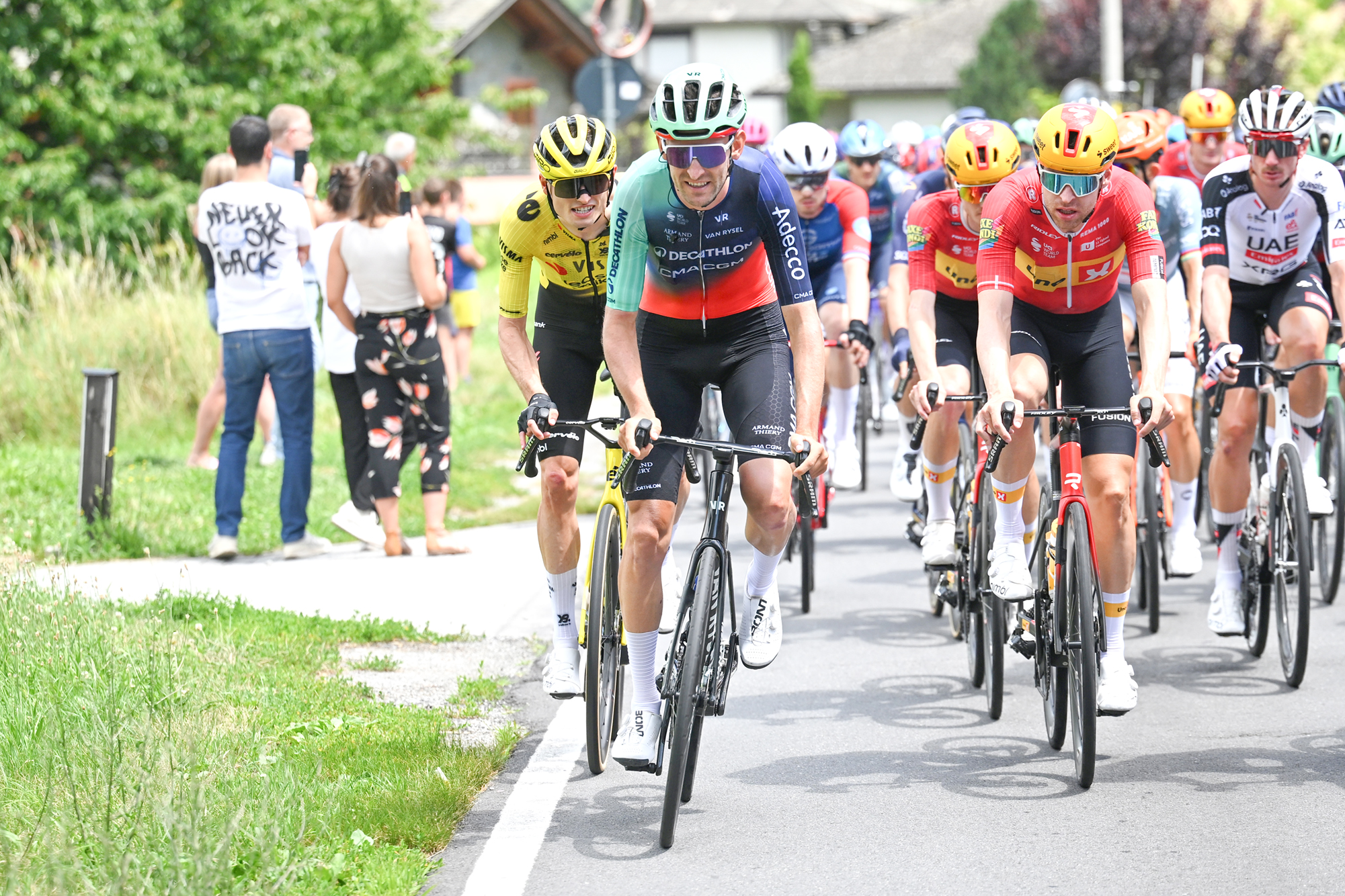 Tiesj Benoot racing in the peloton during stage 1 of the Tour de Suisse in Sondrio