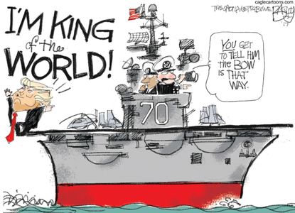 Political Cartoon U.S. Trump War Aircraft Carrier Titanic Leonardo Di Caprio