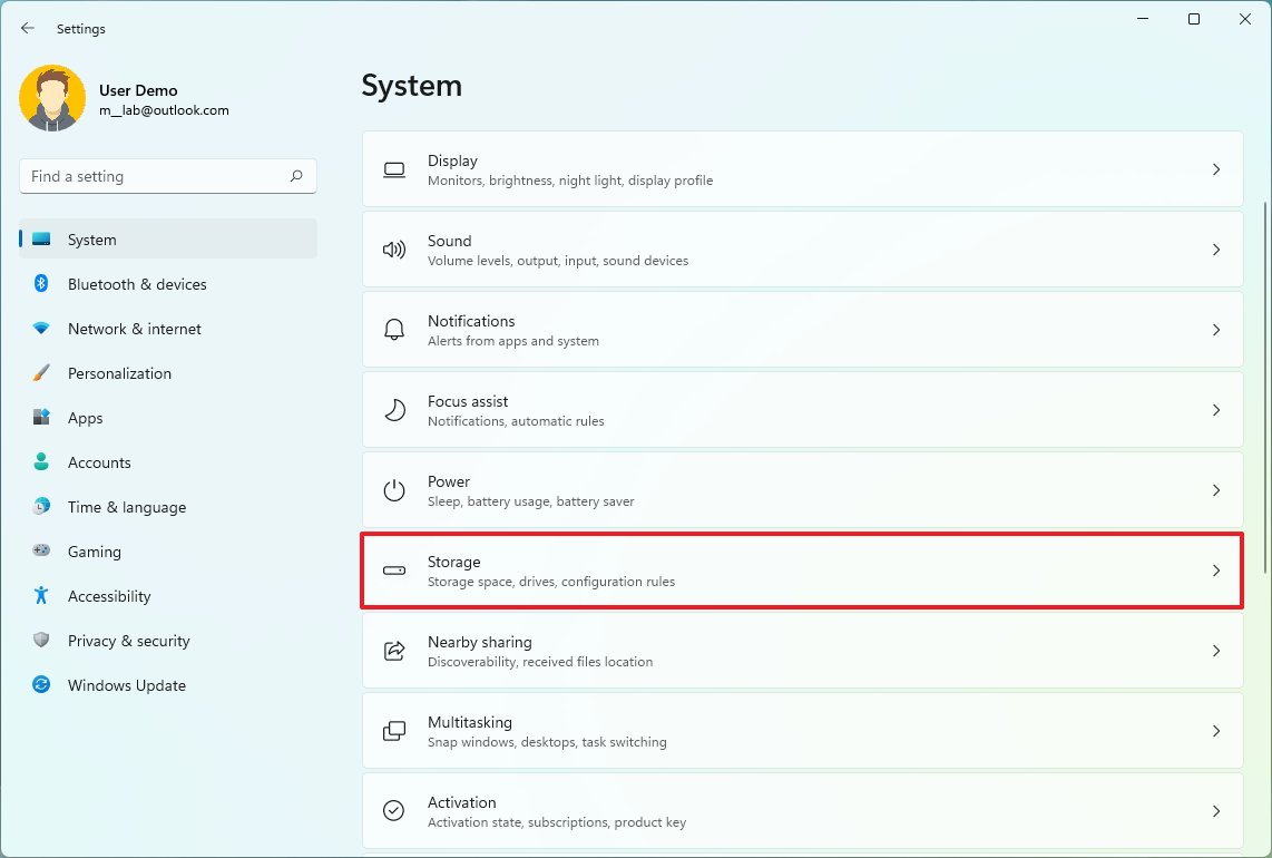 Open Storage settings